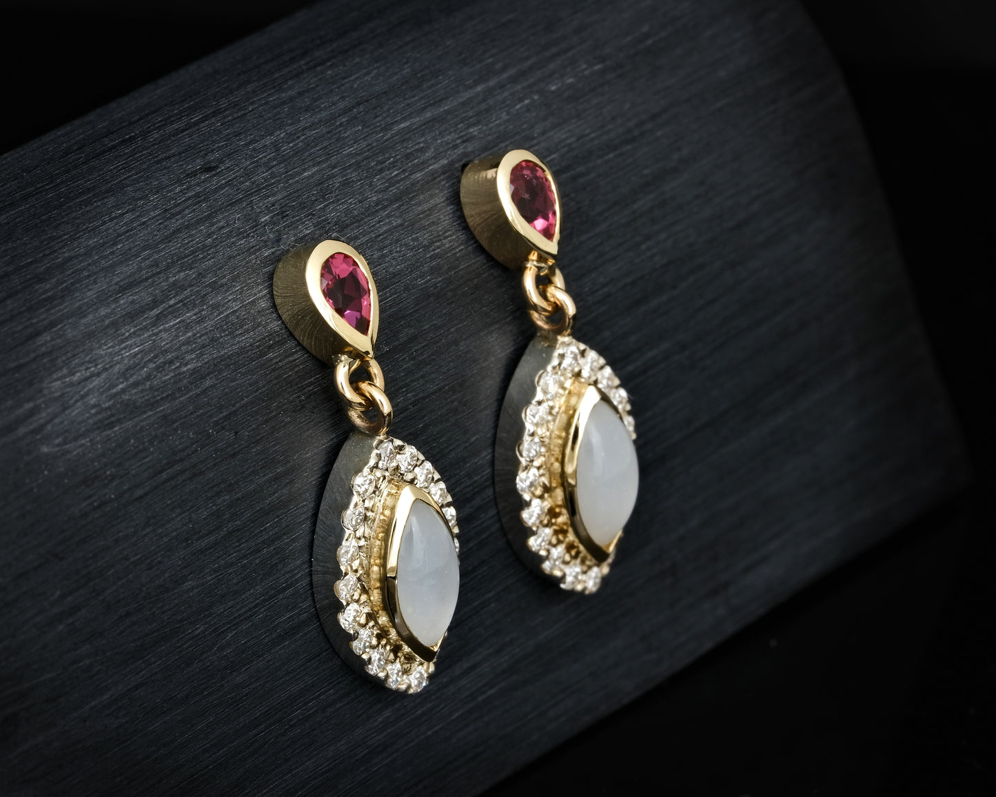 Moonstone, Moissanite and Tourmaline Drop Earrings
