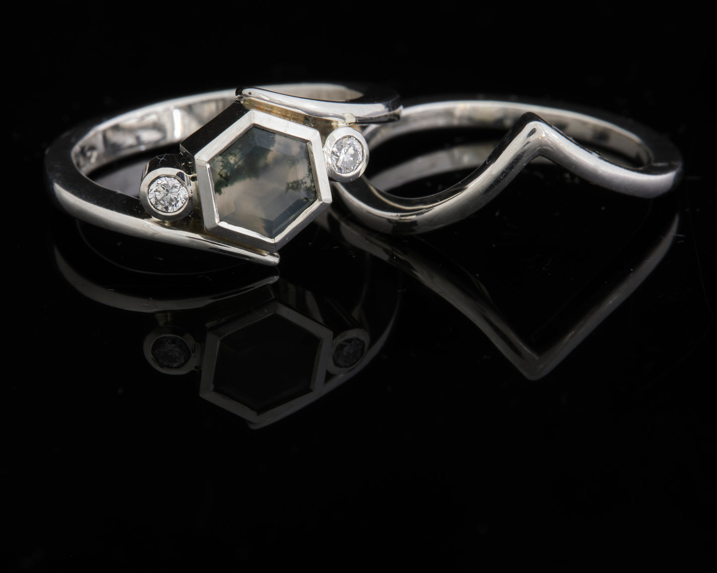 Silver, Moss Agate and Lab Grown Diamond Ring with Wedding Band
