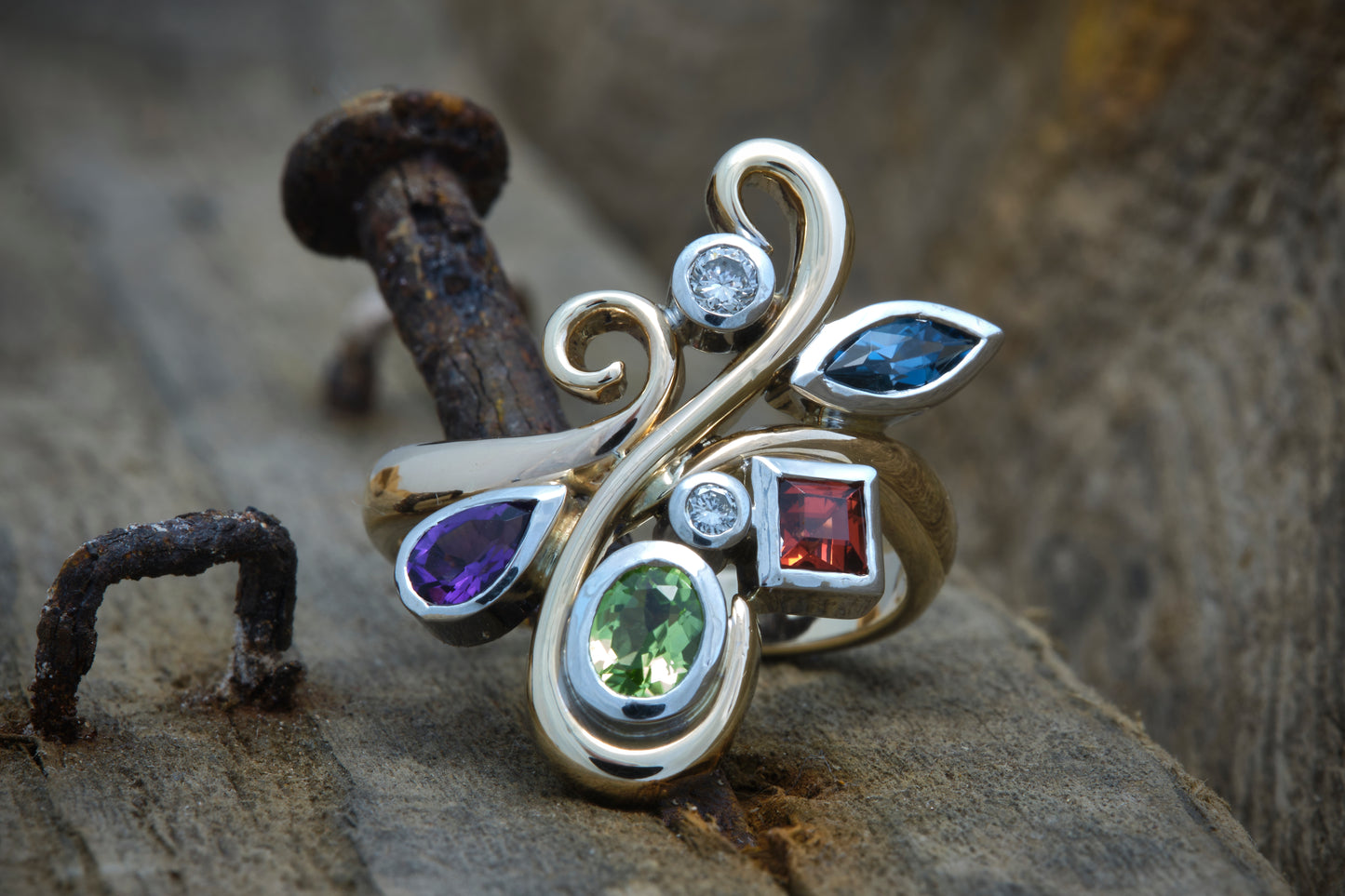 Multi Stone Scroll Ring