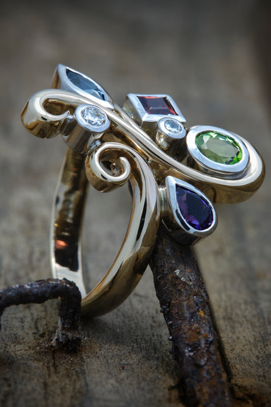 Multi Stone Scroll Ring