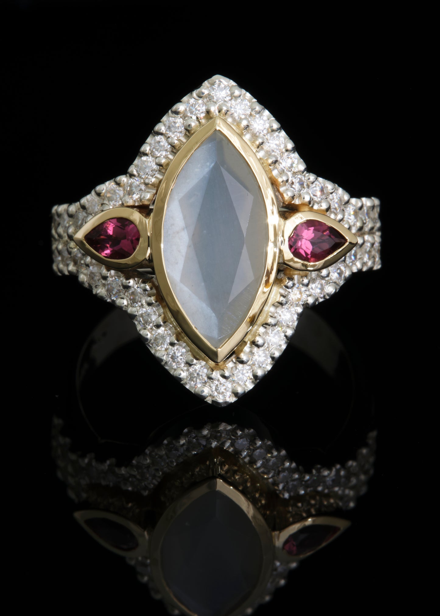 Moonstone, Moissanite and Tourmaline Ring
