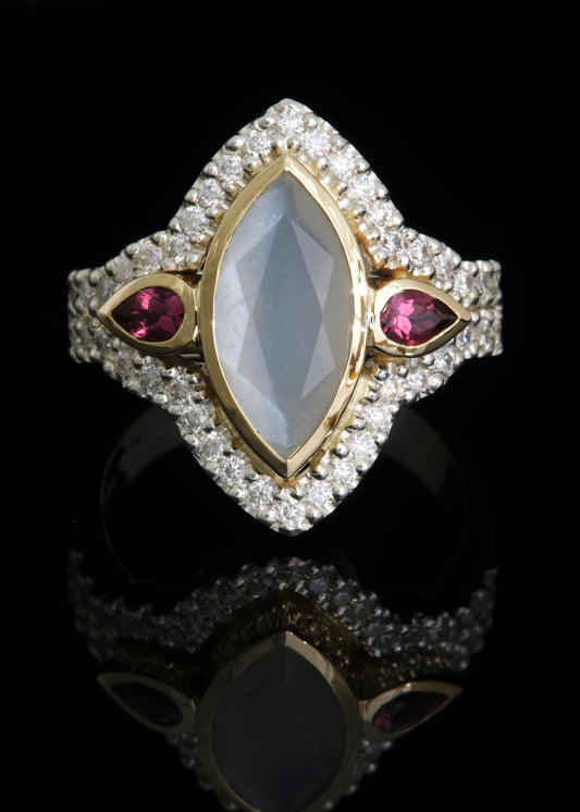 Moonstone, Moissanite and Tourmaline Ring