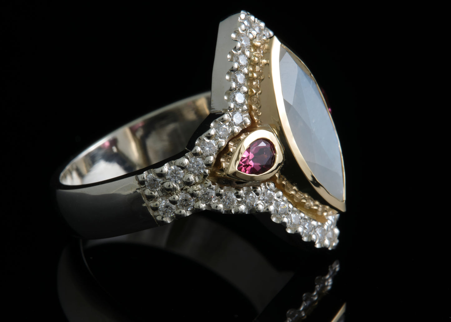 Moonstone, Moissanite and Tourmaline Ring