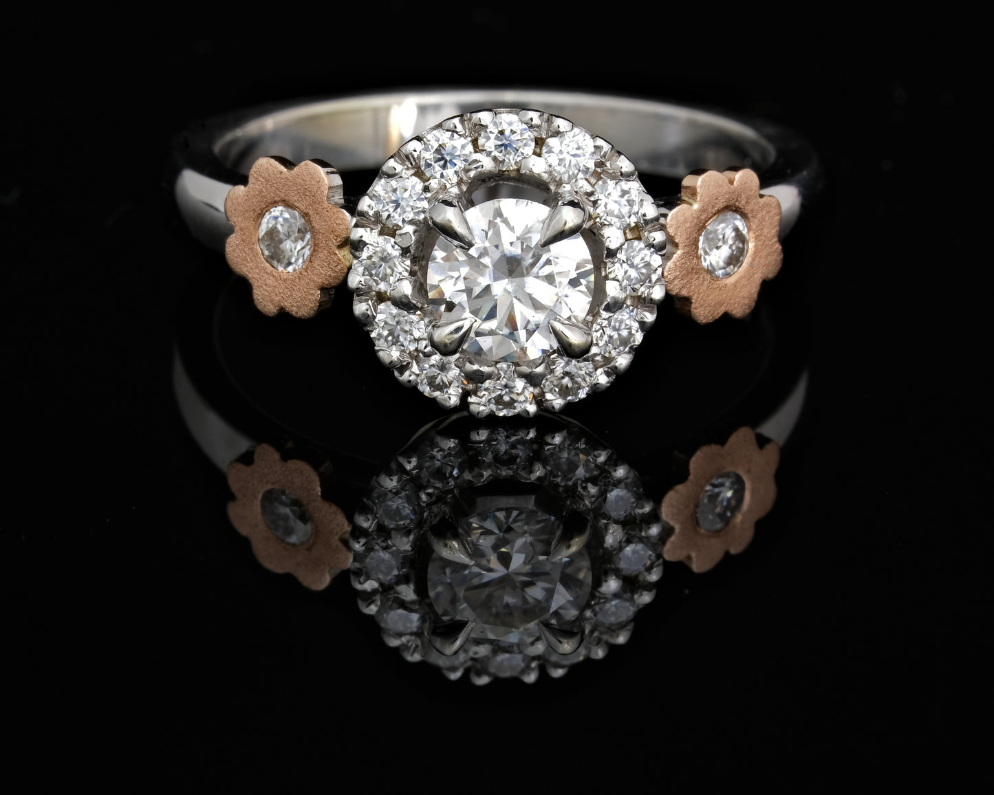 Halo set Moissanite Ring with Rose Gold Flowers