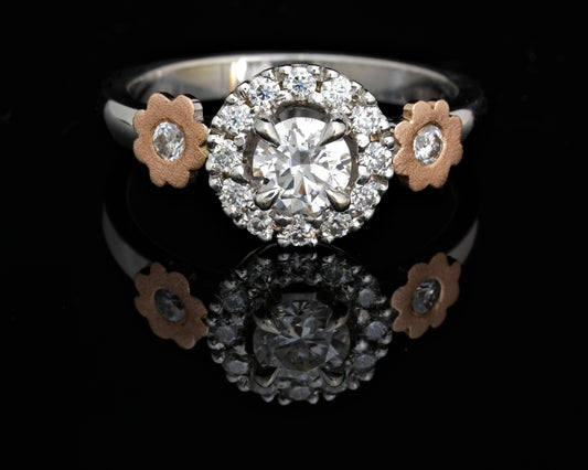 Halo set Moissanite Ring with Rose Gold Flowers