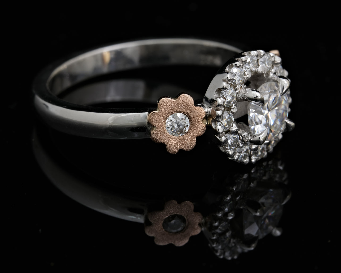 Halo set Moissanite Ring with Rose Gold Flowers