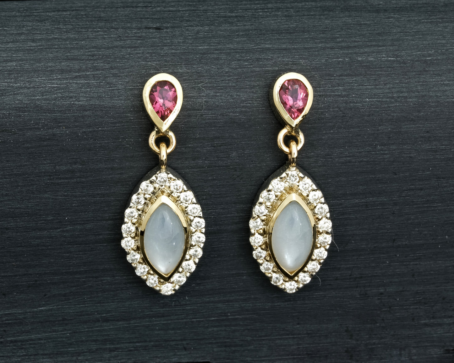 Moonstone, Moissanite and Tourmaline Drop Earrings