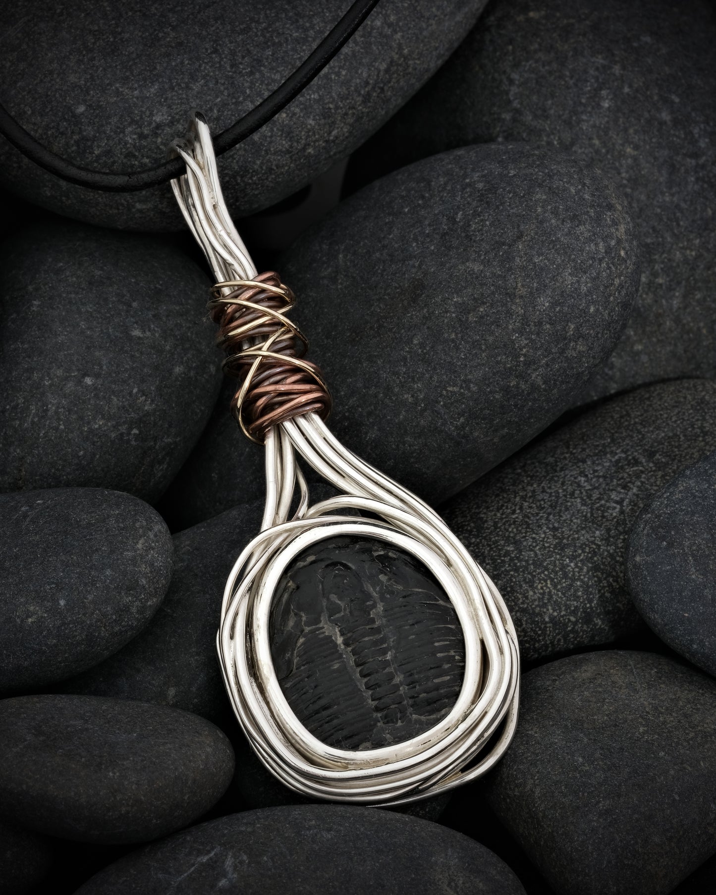 Silver, Copper, 9ct Yellow Gold & Fossil Pendant