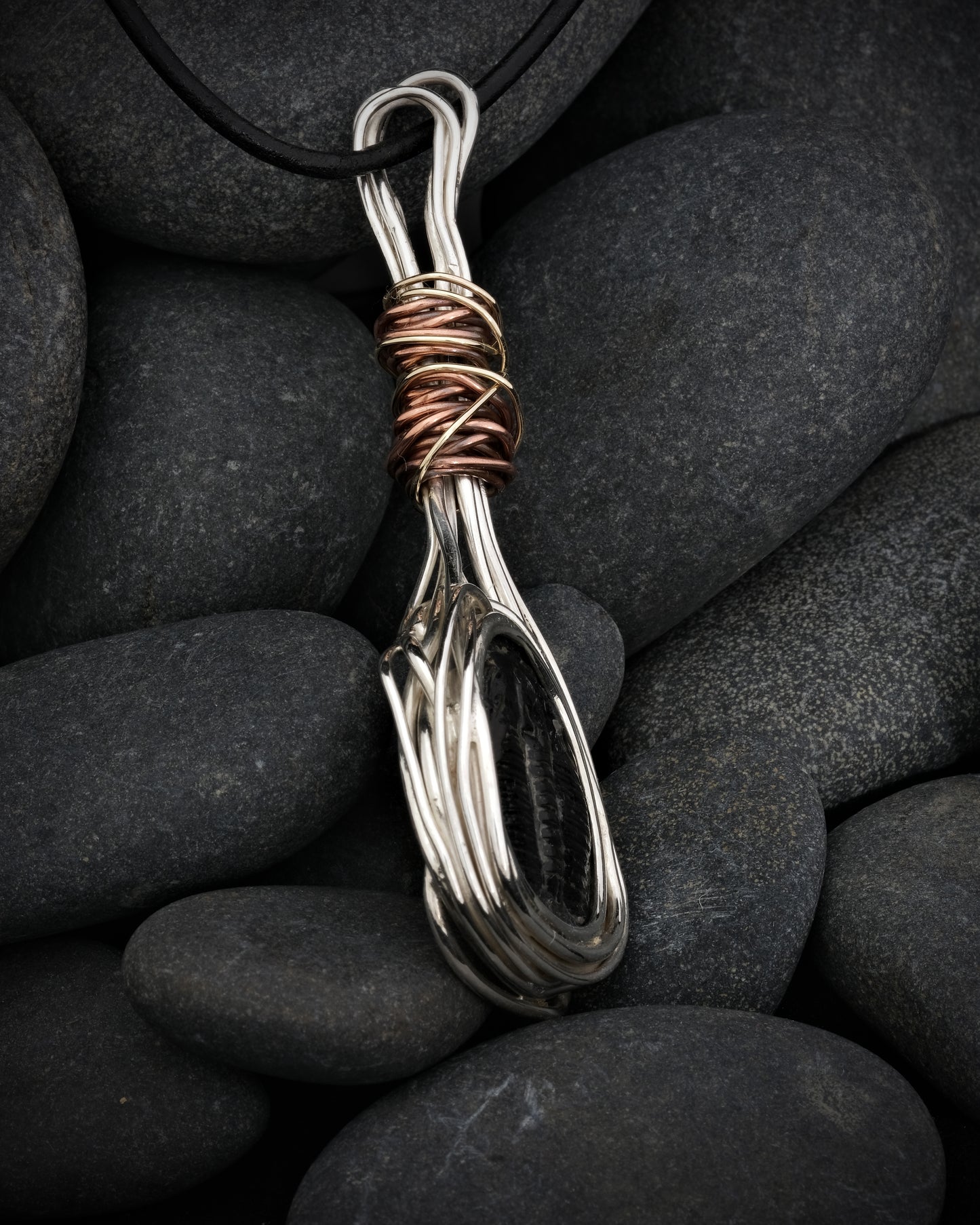 Silver, Copper, 9ct Yellow Gold & Fossil Pendant