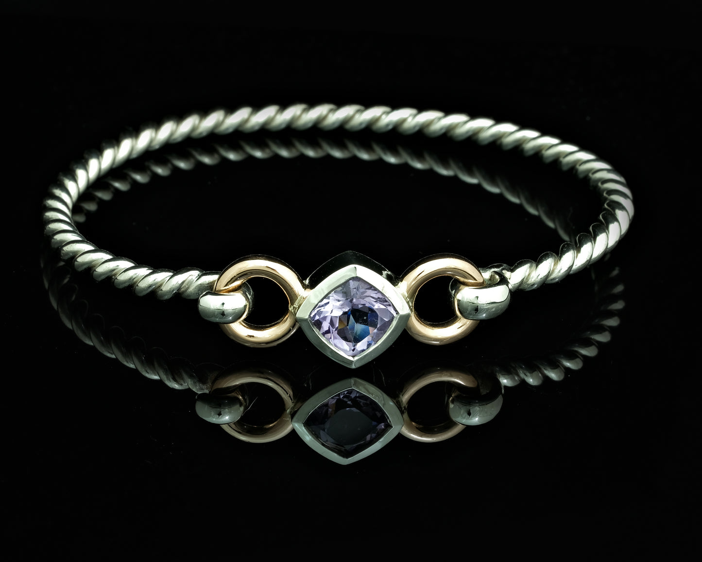 Silver and Rose Gold Amethyst Tension Bangle