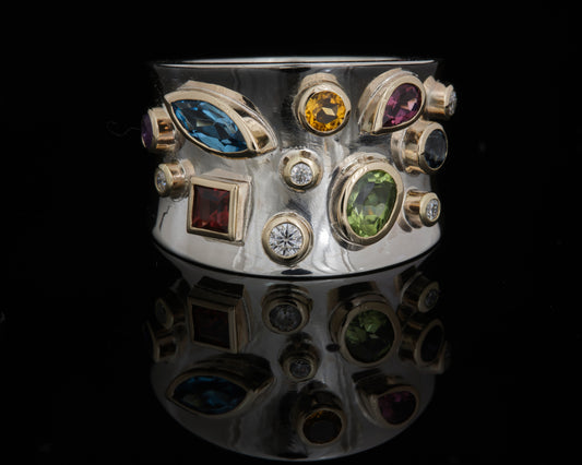 Wide Silver and 9ct Multi Stone ring