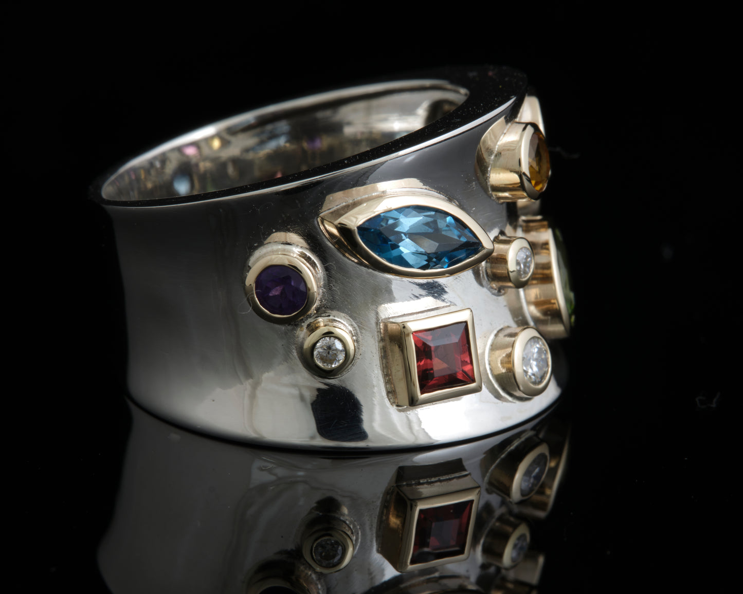 Wide Silver and 9ct Multi Stone ring