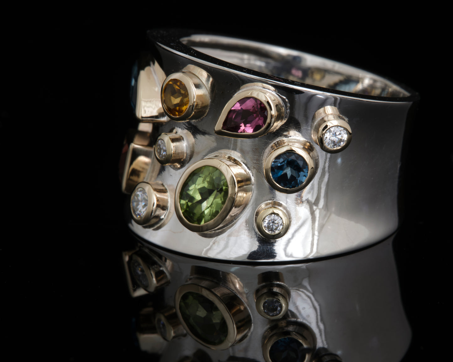 Wide Silver and 9ct Multi Stone ring