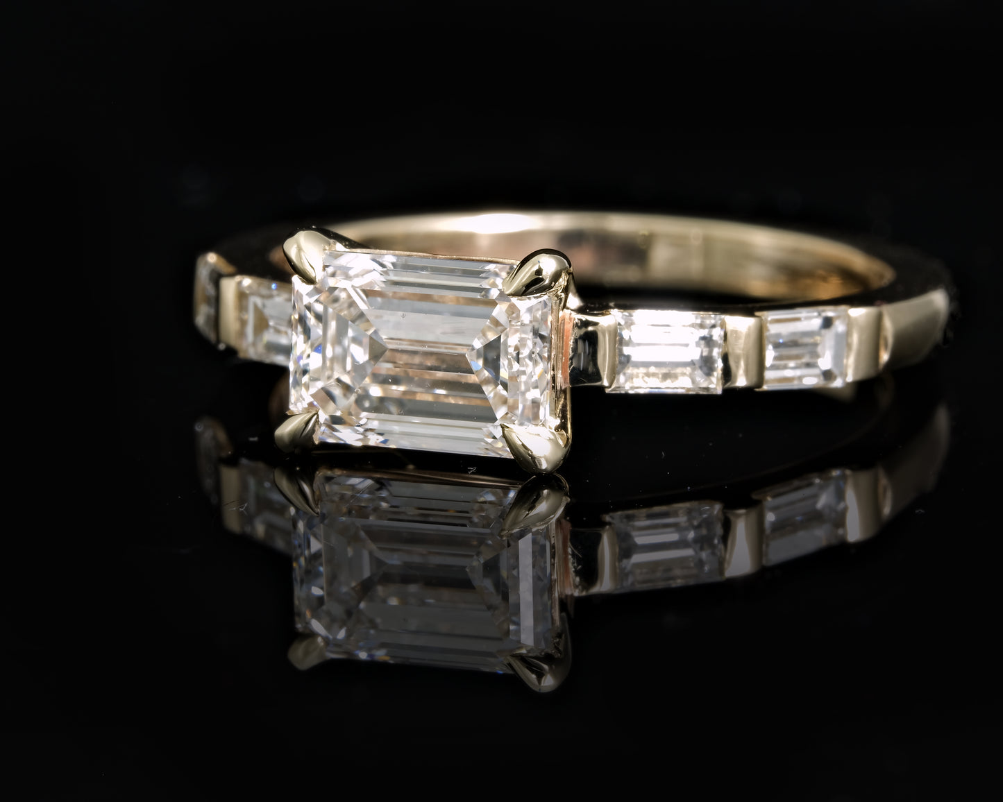 9ct Yellow Gold and Lab Grown Emerald and Baguette cut Ring