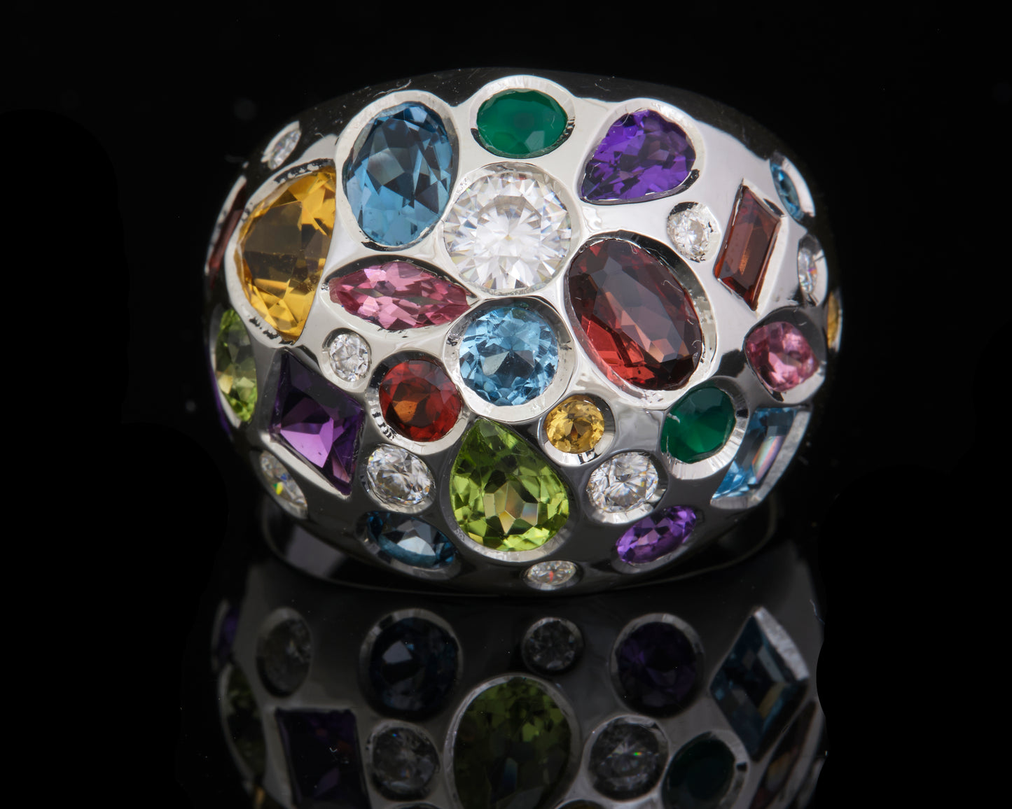 Silver Domed Multi Stone Ring