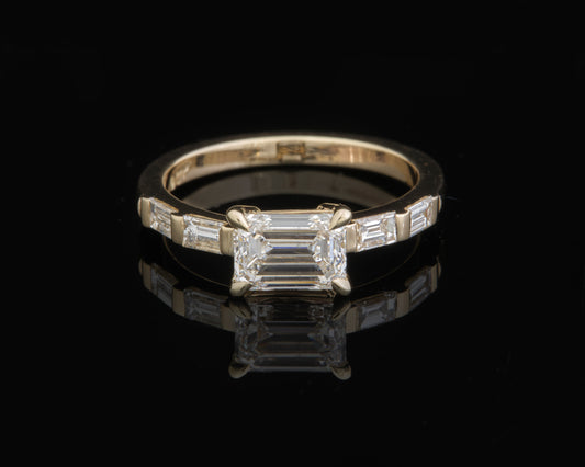 9ct Yellow Gold and Lab Grown Emerald and Baguette cut Ring