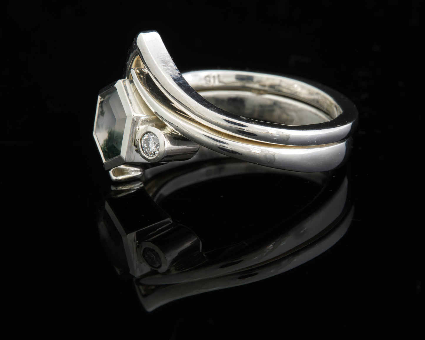 Silver, Moss Agate and Lab Grown Diamond Ring with Wedding Band
