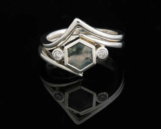 Silver, Moss Agate and Lab Grown Diamond Ring with Wedding Band