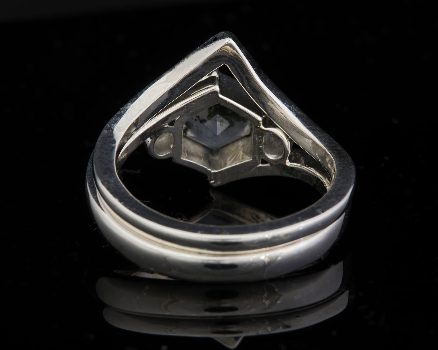 Silver, Moss Agate and Lab Grown Diamond Ring with Wedding Band