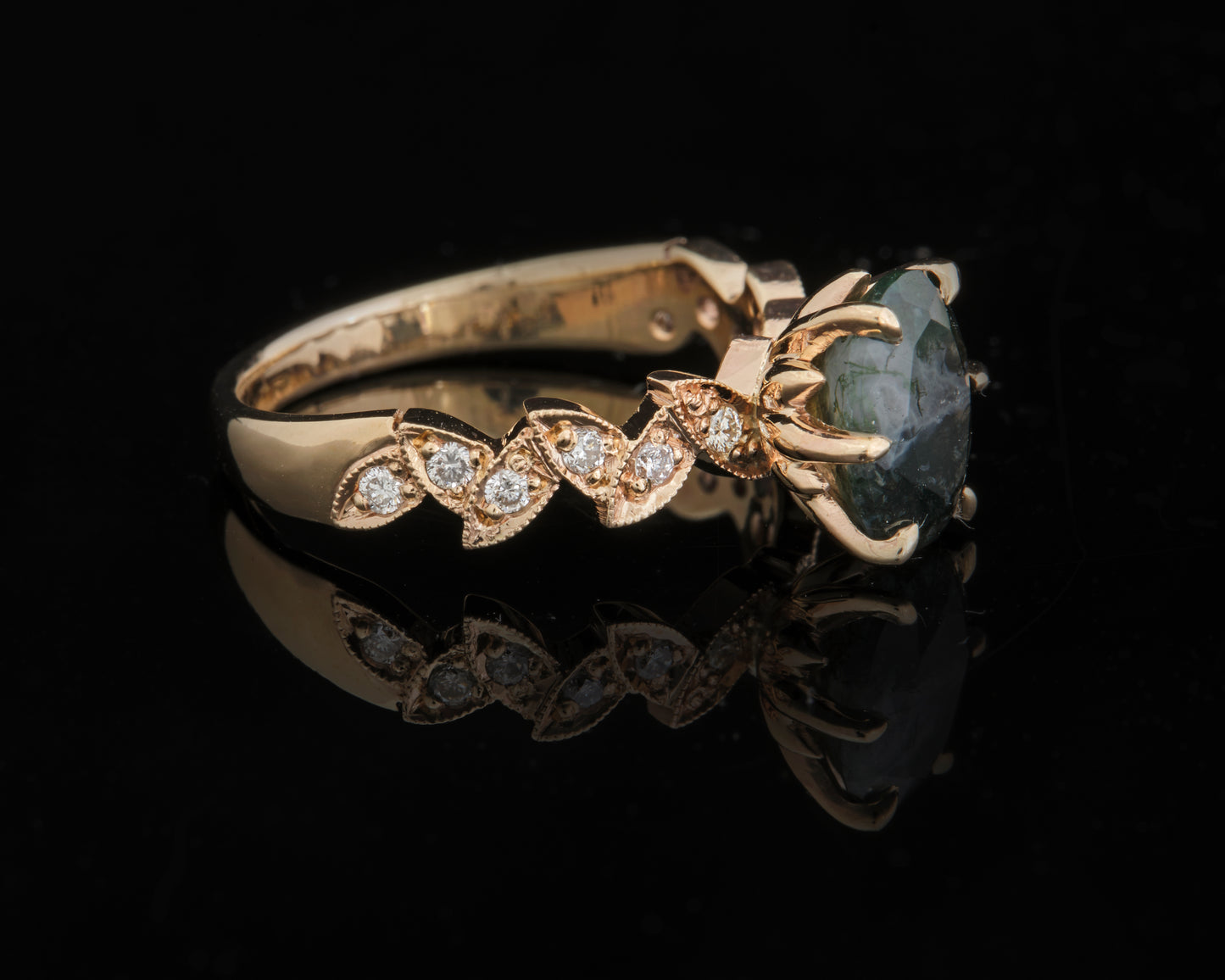 9ct Rose Gold, Moss Agate and Lab Grown Diamond Ring
